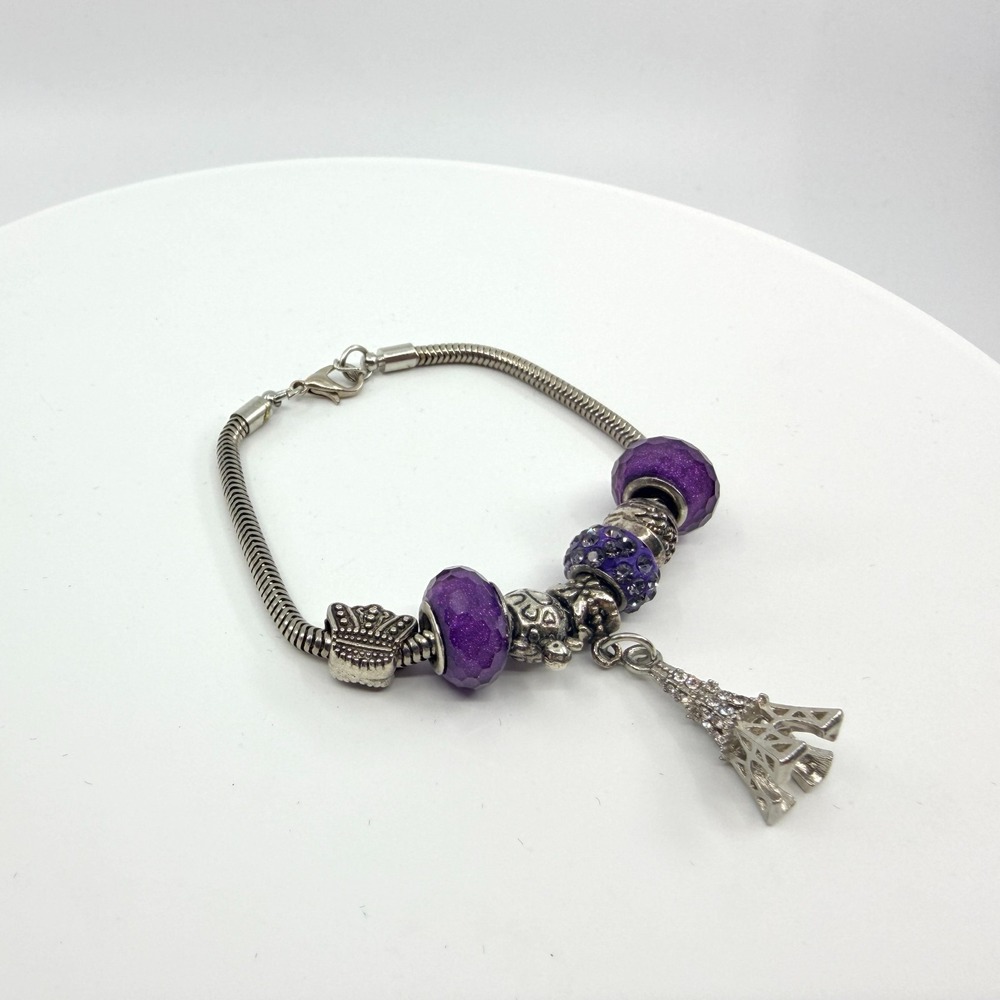 VTG Silver Tone Purple Charm Bracelet with Eiffel Tower & Rhinestones